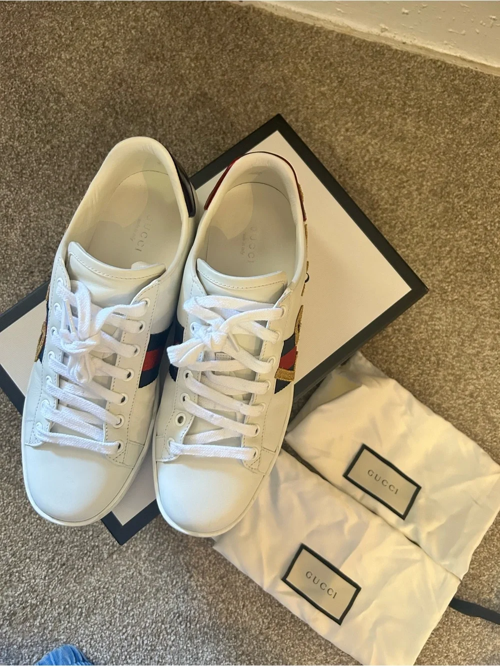 GUCCI White 'Loved' Leather Sneaker with Red & Blue Heel Tabs